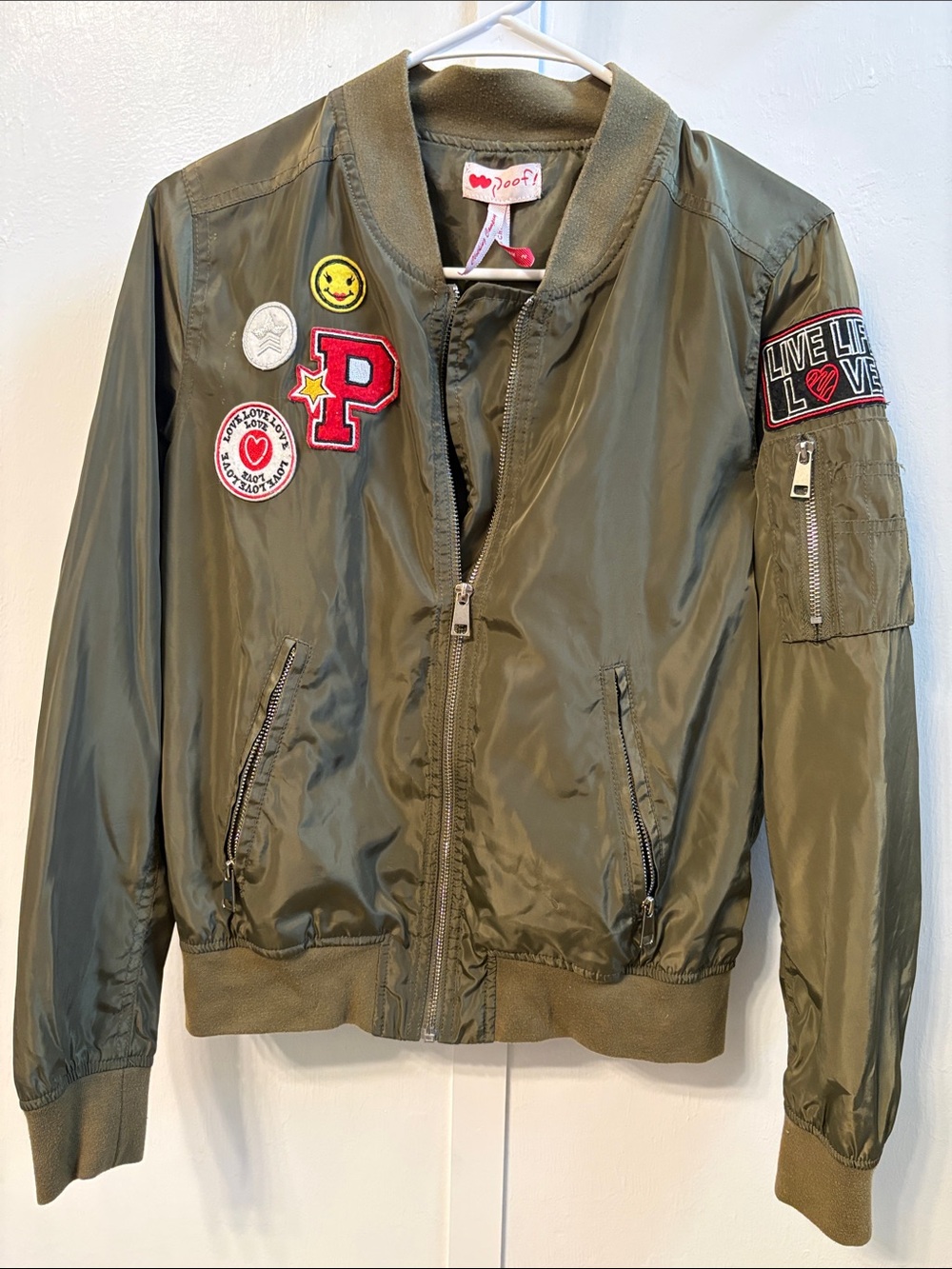 Poof! Olive Green Patch Bomber Jacket